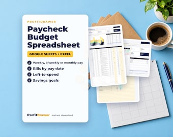 Kalkylblad för lönecheckbudget | Budget per lönecheck, varannan vecka eller varje vecka, räkningsspårning, sparmål (Google Sheets + Excel)