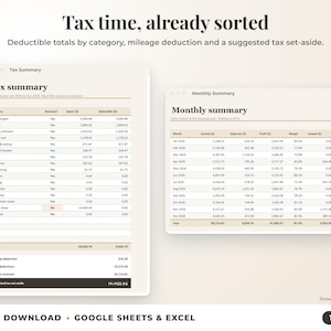 Tax summary with deductible totals, mileage deduction and suggested tax set-aside, plus monthly summary