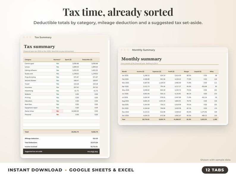 Tax summary with deductible totals, mileage deduction and suggested tax set-aside, plus monthly summary
