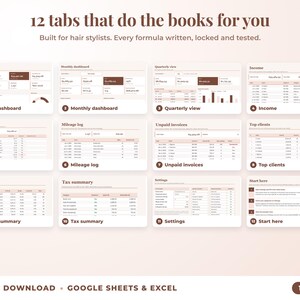 All 12 tabs of the bookkeeping spreadsheet: dashboards, income, expenses, mileage, unpaid invoices, top clients, tax summary