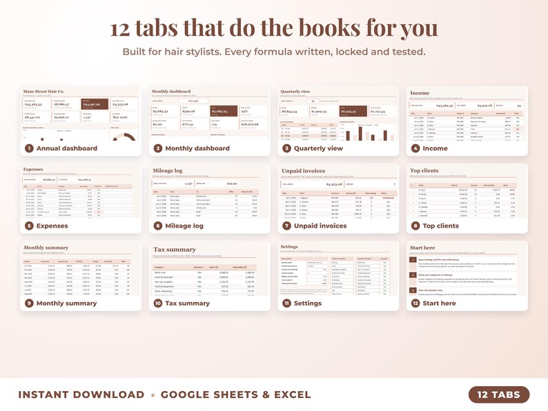 All 12 tabs of the bookkeeping spreadsheet: dashboards, income, expenses, mileage, unpaid invoices, top clients, tax summary
