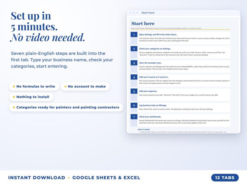 Start here tab with seven setup steps, no video needed