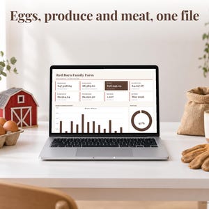 Small Farm bookkeeping spreadsheet annual dashboard open on a laptop on a desk