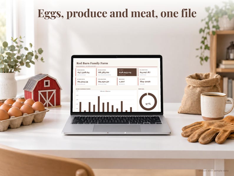 Small Farm bookkeeping spreadsheet annual dashboard open on a laptop on a desk