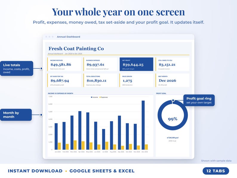 Annual dashboard with income, expenses, net profit, money owed, profit goal ring and category charts