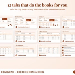 All 12 tabs of the bookkeeping spreadsheet: dashboards, income, expenses, mileage, unpaid invoices, top clients, tax summary