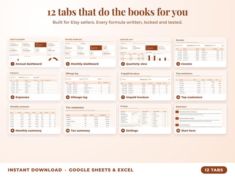 All 12 tabs of the bookkeeping spreadsheet: dashboards, income, expenses, mileage, unpaid invoices, top clients, tax summary