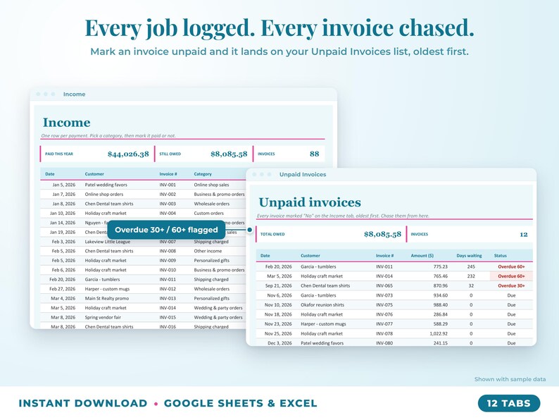 Income sheet and unpaid invoices list with overdue flags