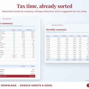 Tax summary with deductible totals, mileage deduction and suggested tax set-aside, plus monthly summary
