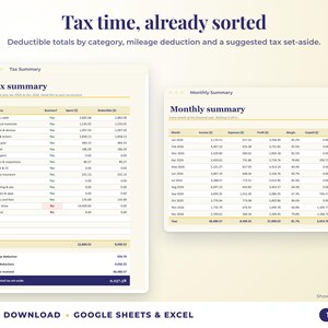 Tax summary with deductible totals, mileage deduction and suggested tax set-aside, plus monthly summary