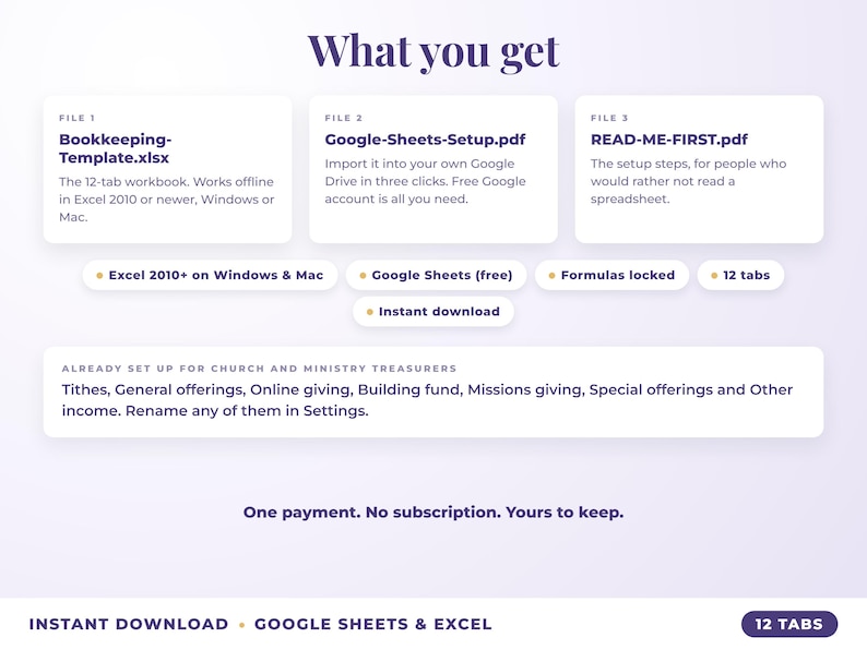 What is included: 12-tab Excel workbook, Google Sheets setup guide and read-me-first guide