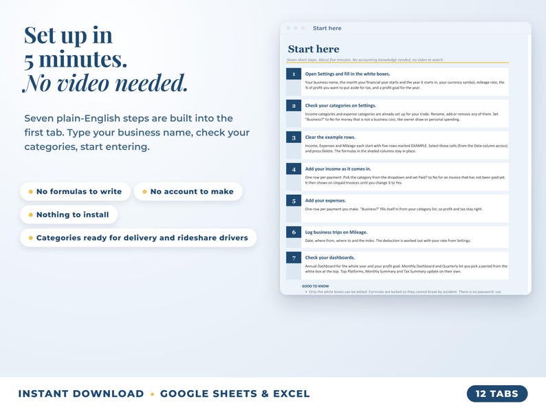 Start here tab with seven setup steps, no video needed