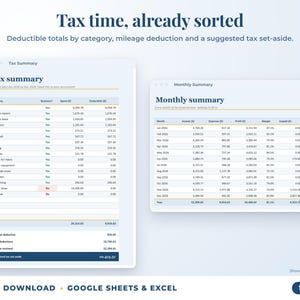 Tax summary with deductible totals, mileage deduction and suggested tax set-aside, plus monthly summary