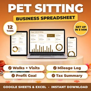 Pet Sitting bookkeeping spreadsheet for Google Sheets and Excel on laptop, tablet and phone