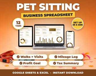 Kalkylblad för djurpassningsföretag, inkomst- och utgiftsspårning för hundpromenader, körsträcka för djurpassare, skattesammanfattning (Google Sheets + Excel)