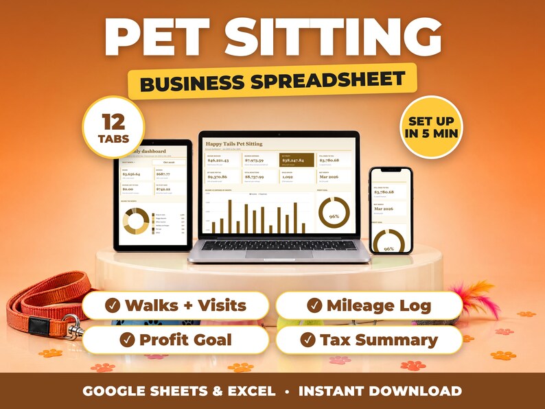 Pet Sitting bookkeeping spreadsheet for Google Sheets and Excel on laptop, tablet and phone