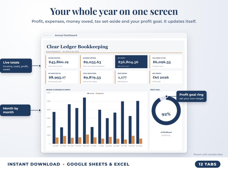 Annual dashboard with income, expenses, net profit, money owed, profit goal ring and category charts