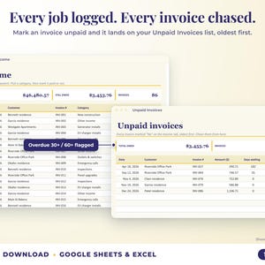 Income sheet and unpaid invoices list with overdue flags