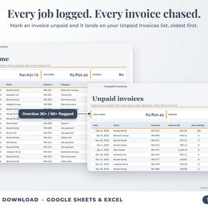 Income sheet and unpaid invoices list with overdue flags