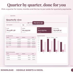 Quarterly view with quarter selector, quarterly totals, chart and tax set-aside