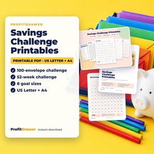 Puede incluir: Un conjunto de imprimibles de desafío de ahorro ProfitDrawer en formato PDF para US Letter y A4. Incluye un desafío de 100 sobres, un desafío de 52 semanas y 8 tamaños de objetivos. Con una hucha de cerámica blanca y sobres de colores.