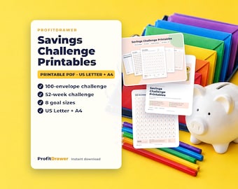 Könnte beinhalten: Ein Set von ProfitDrawer Spar-Challenge-Druckvorlagen als PDF für US Letter und A4. Enthält eine 100-Umschläge-Challenge, eine 52-Wochen-Challenge und 8 Zielgrößen. Mit einem weißen Keramik-Sparschwein und bunten Umschlägen.