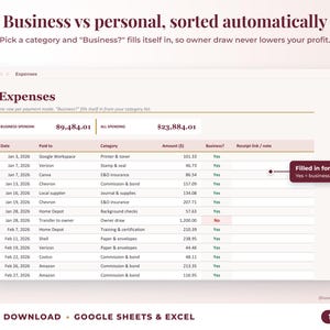 Expenses sheet where business or personal is filled in automatically from the category