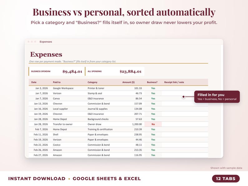 Expenses sheet where business or personal is filled in automatically from the category