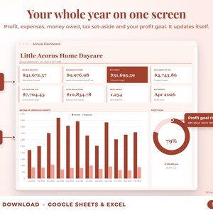Annual dashboard with income, expenses, net profit, money owed, profit goal ring and category charts