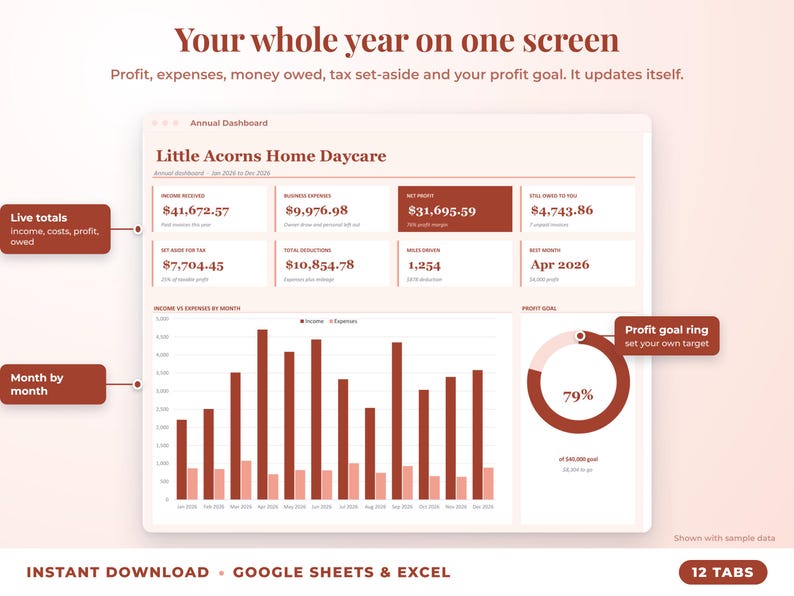 Annual dashboard with income, expenses, net profit, money owed, profit goal ring and category charts