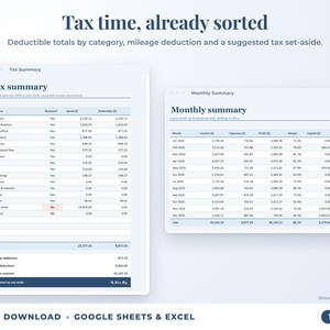 Tax summary with deductible totals, mileage deduction and suggested tax set-aside, plus monthly summary