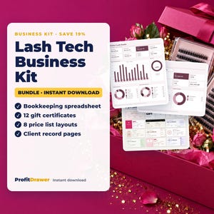 May include: A Lash Tech Business Kit digital bundle featuring a bookkeeping spreadsheet, 12 gift certificates, 8 price list layouts, and client record pages. The kit includes visual charts and templates displayed next to a gift box with lash trays.