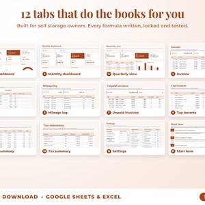 All 12 tabs of the bookkeeping spreadsheet: dashboards, income, expenses, mileage, unpaid invoices, top clients, tax summary