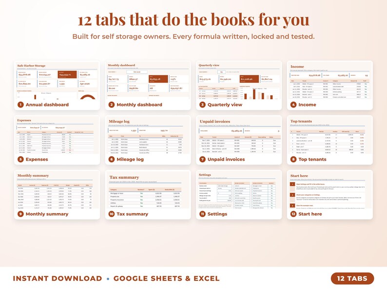 All 12 tabs of the bookkeeping spreadsheet: dashboards, income, expenses, mileage, unpaid invoices, top clients, tax summary
