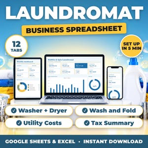 Laundromat bookkeeping spreadsheet for Google Sheets and Excel on laptop, tablet and phone