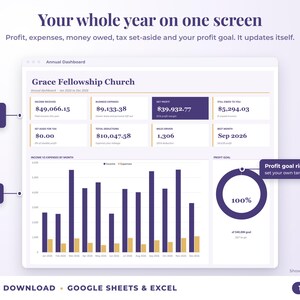 Annual dashboard with income, expenses, net profit, money owed, profit goal ring and category charts