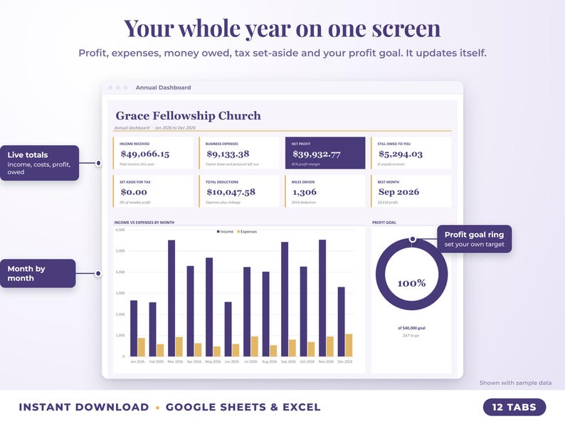 Annual dashboard with income, expenses, net profit, money owed, profit goal ring and category charts