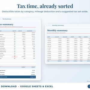 Tax summary with deductible totals, mileage deduction and suggested tax set-aside, plus monthly summary