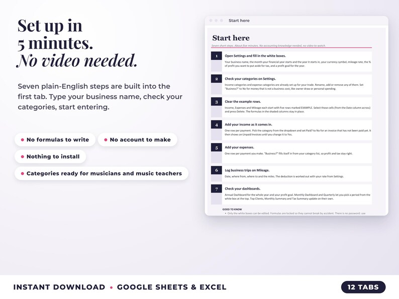 Start here tab with seven setup steps, no video needed