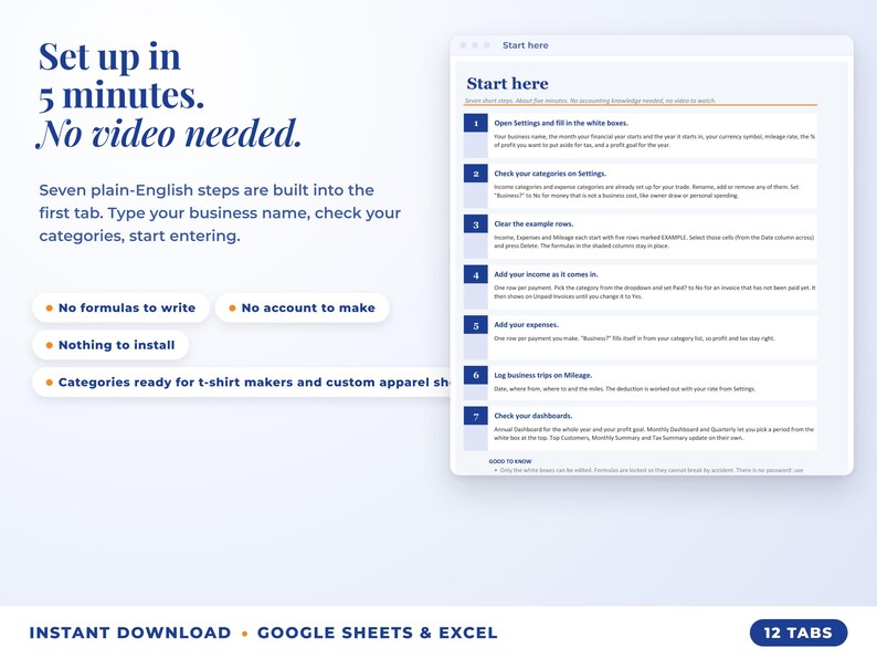 Start here tab with seven setup steps, no video needed