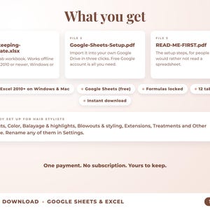 What is included: 12-tab Excel workbook, Google Sheets setup guide and read-me-first guide