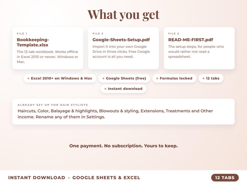 What is included: 12-tab Excel workbook, Google Sheets setup guide and read-me-first guide