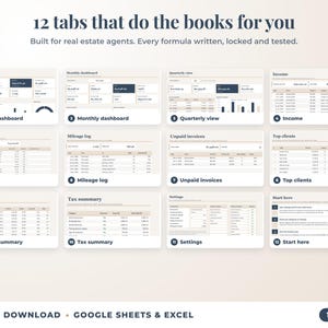All 12 tabs of the bookkeeping spreadsheet: dashboards, income, expenses, mileage, unpaid invoices, top clients, tax summary