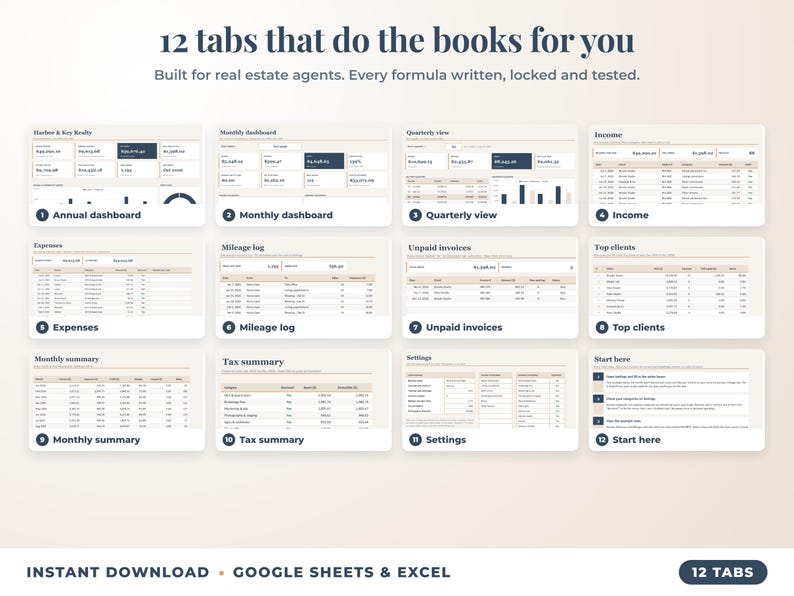 All 12 tabs of the bookkeeping spreadsheet: dashboards, income, expenses, mileage, unpaid invoices, top clients, tax summary