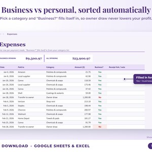 Expenses sheet where business or personal is filled in automatically from the category