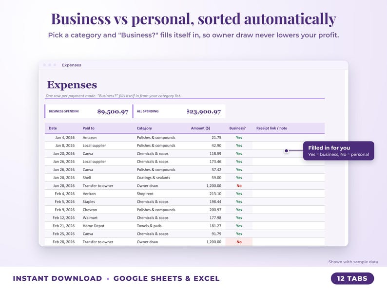 Expenses sheet where business or personal is filled in automatically from the category
