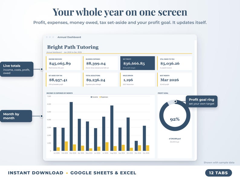 Annual dashboard with income, expenses, net profit, money owed, profit goal ring and category charts