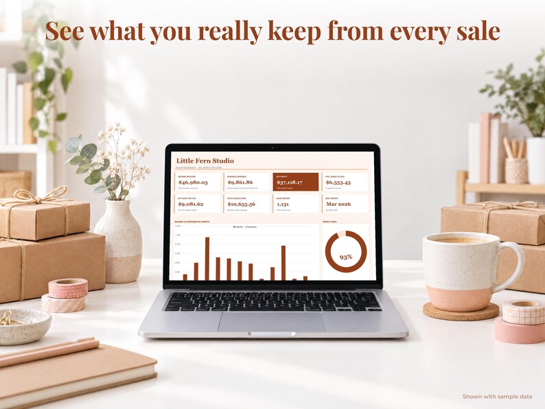 Etsy Seller bookkeeping spreadsheet annual dashboard open on a laptop on a desk