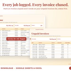 Income sheet and unpaid invoices list with overdue flags