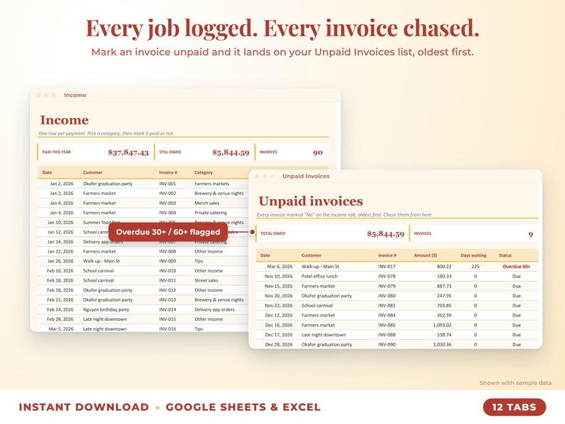 Income sheet and unpaid invoices list with overdue flags